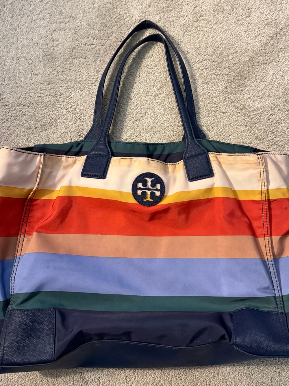 Tory Burch Colorful Navy/Green/Orange Striped Packable Logo Tote Bag Handbag